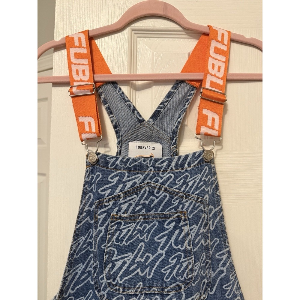 Fubu x Forever 21 Denim Overalls All Over Print 05 Orange Straps Y2K Women Sz S - Picture 1 of 16